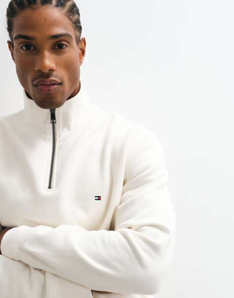Tommy Hilfiger flag logo heavy quarter-zip sweatshirt in cream - view 1