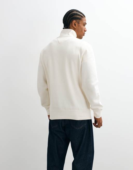 Tommy Hilfiger flag logo heavy quarter-zip sweatshirt in cream, 5 of 5