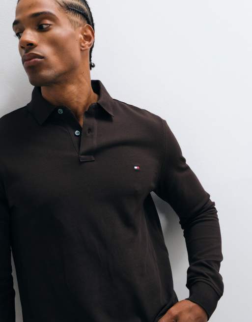 Tommy Hilfiger flag logo long sleeve polo shirt in brown, 4 of 5
