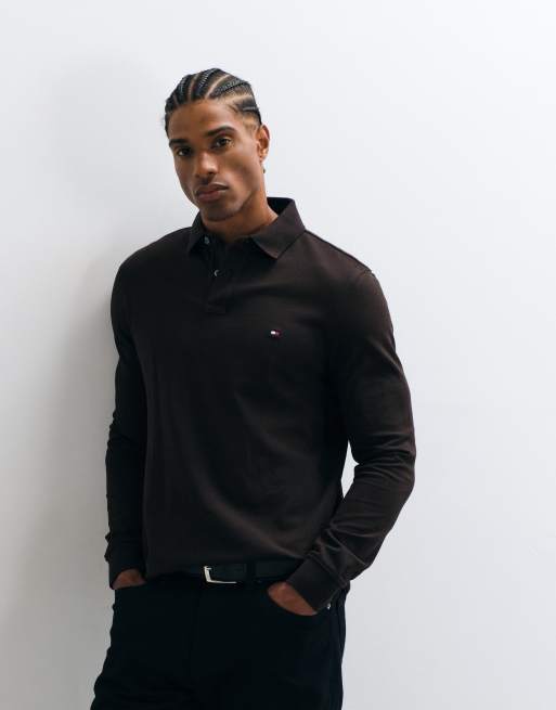 Tommy Hilfiger flag logo long sleeve polo shirt in brown, 5 of 5