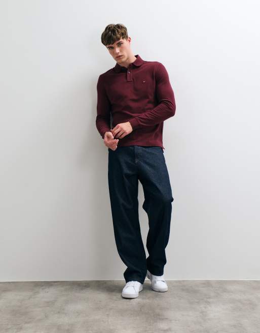 Tommy Hilfiger flag logo long sleeve polo shirt in burgundy, 3 of 5