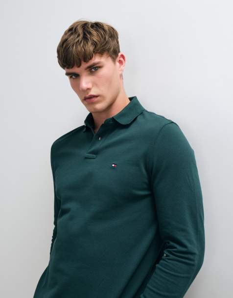 Tommy Hilfiger flag logo long sleeve polo shirt in dark green - view 1