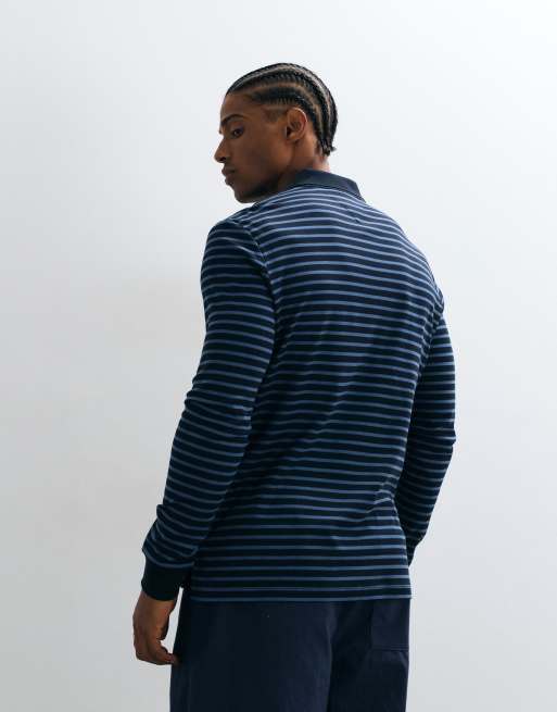 Tommy Hilfiger flag logo long sleeve polo shirt in navy/blue stripe, 2 of 5