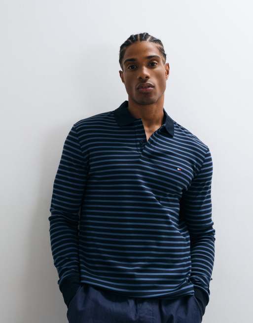 Tommy Hilfiger flag logo long sleeve polo shirt in navy/blue stripe, 5 of 5