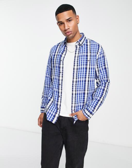 navy blue and white plaid shirt