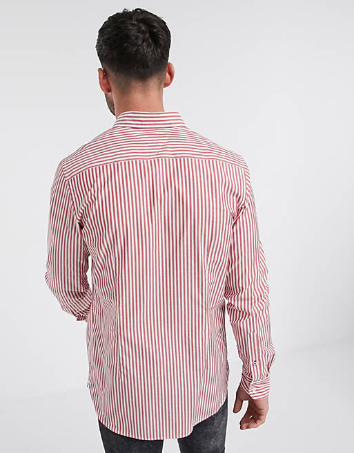 Tommy Hilfiger flag logo natural soft stripe shirt slim fit in primary red  / white | ASOS