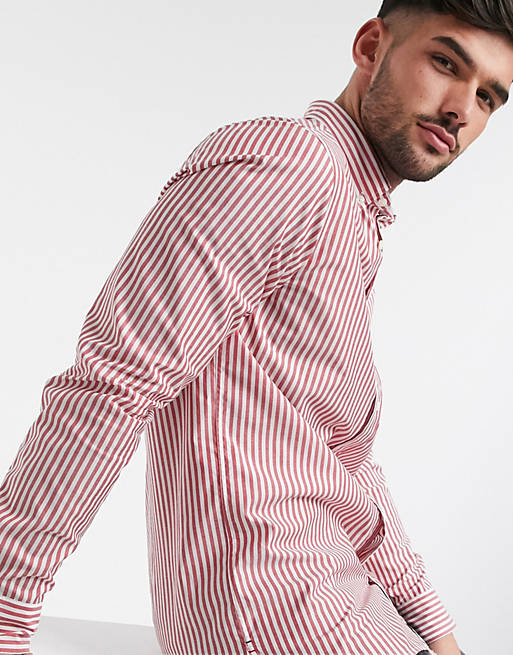Tommy Hilfiger flag logo natural soft stripe shirt slim fit in primary red  / white | ASOS