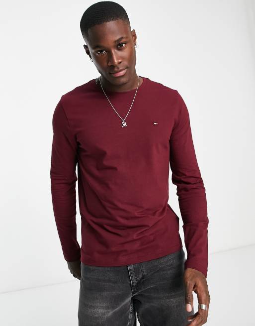 Tommy Hilfiger flag logo stretch slim fit long sleeve cotton t shirt in burgundy