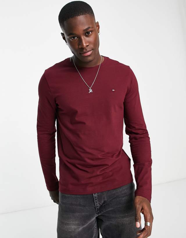 Tommy Hilfiger flag logo stretch slim fit long sleeve cotton t-shirt in burgundy