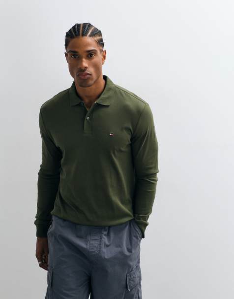 Tommy Hilfiger flag long sleeve polo shirt in khaki