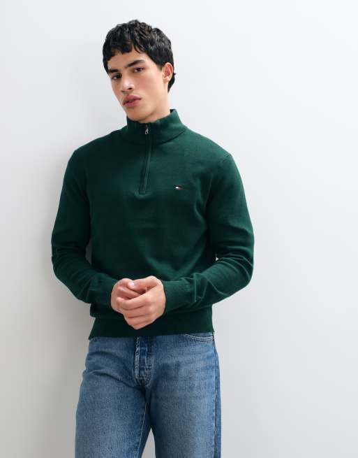 Tommy Hilfiger flag mock neck cotton quarter zip knit jumper in dark green, 3 of 5