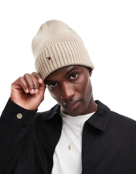 Tommy Hilfiger flag ribbed beanie in beige - view 1