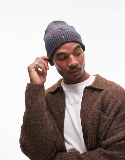 Tommy Hilfiger flag ribbed beanie in charcoal gray