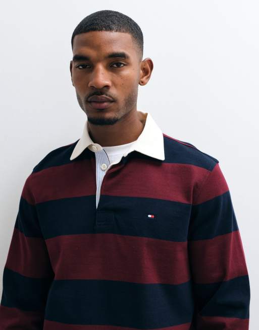 Tommy Hilfiger flag rugby shirt in burgundy/navy stripe, 3 of 5
