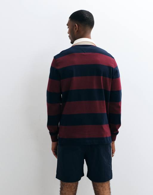 Tommy Hilfiger flag rugby shirt in burgundy/navy stripe, 4 of 5