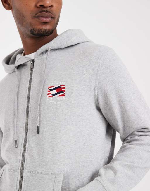 Tommy Hilfiger flag zip through hoodie in grey marl, 2 of 5