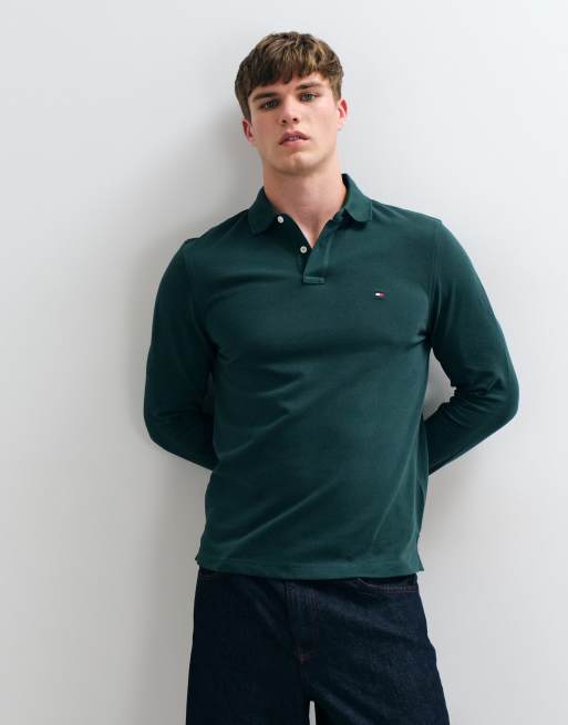 Tommy Hilfiger flaglogo langærmet poloskjorte i mørkegrøn, 3 af 5