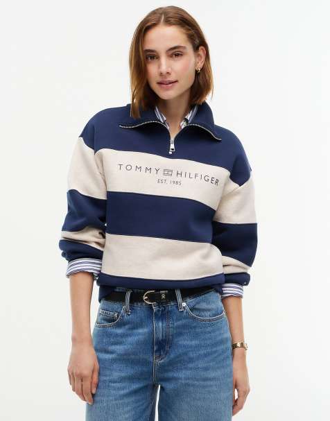 Tommy Hilfiger Fleece relaxed quarter-zip sweatshirt in stripe dark blue/oatmeal htr - view 1