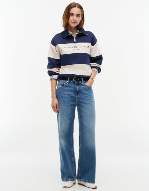 Tommy Hilfiger Fleece relaxed quarter-zip sweatshirt in stripe dark blue/oatmeal htr, 2 of 6