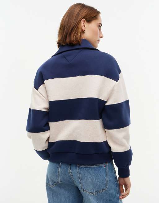 Tommy Hilfiger Fleece relaxed quarter-zip sweatshirt in stripe dark blue/oatmeal htr, 4 of 6