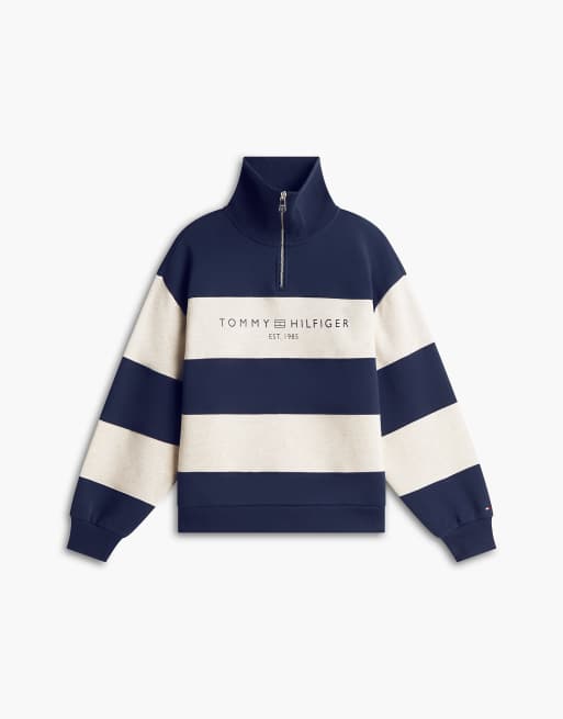 Tommy Hilfiger Fleece relaxed quarter-zip sweatshirt in stripe dark blue/oatmeal htr, 5 of 6