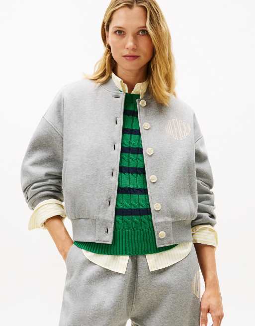 Tommy Hilfiger Flex fleece logo relaxed bomber cardigan in light grey