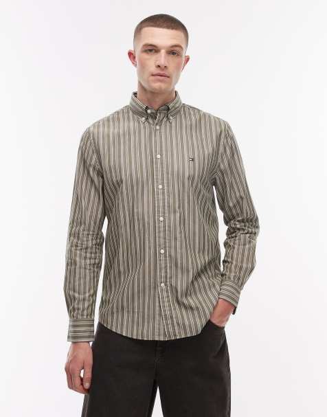 Tommy Hilfiger - Flex - Gestreept poplin overhemd in kaki - view 1