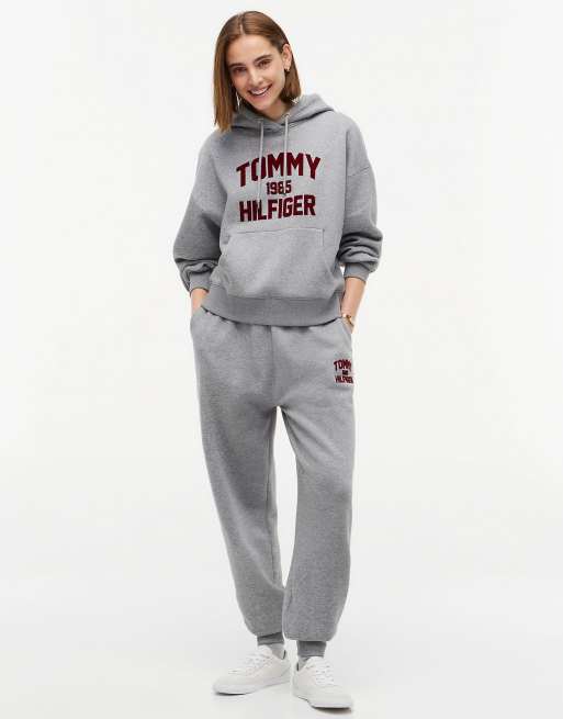 Tommy Hilfiger Flock varsity logo cuffed joggers in medium grey heather, 2 of 6