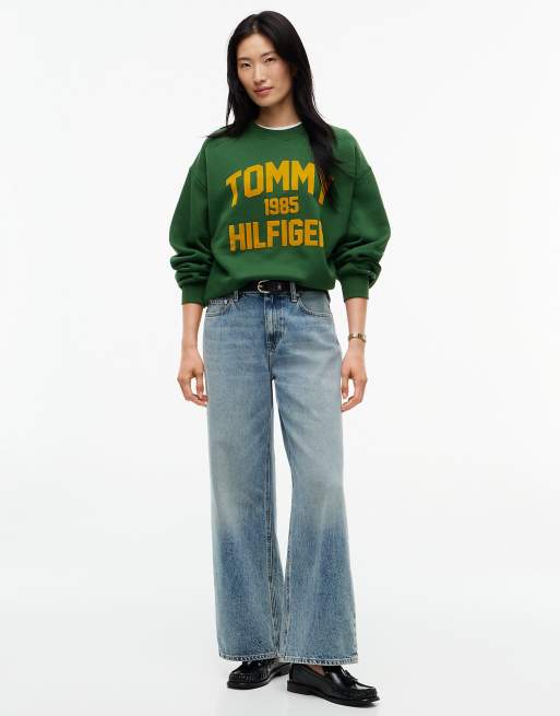 Tommy Hilfiger Flock varsity logo oversized sweatshirt in dark green, 2 of 6