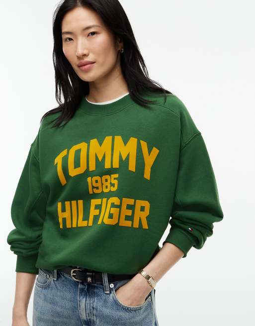 Tommy Hilfiger Flock varsity logo oversized sweatshirt in dark green, 3 of 6