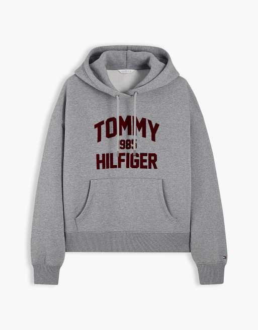 Tommy Hilfiger Flock varsity logo relaxed fleece hoody in medium grey heather, 5 of 6