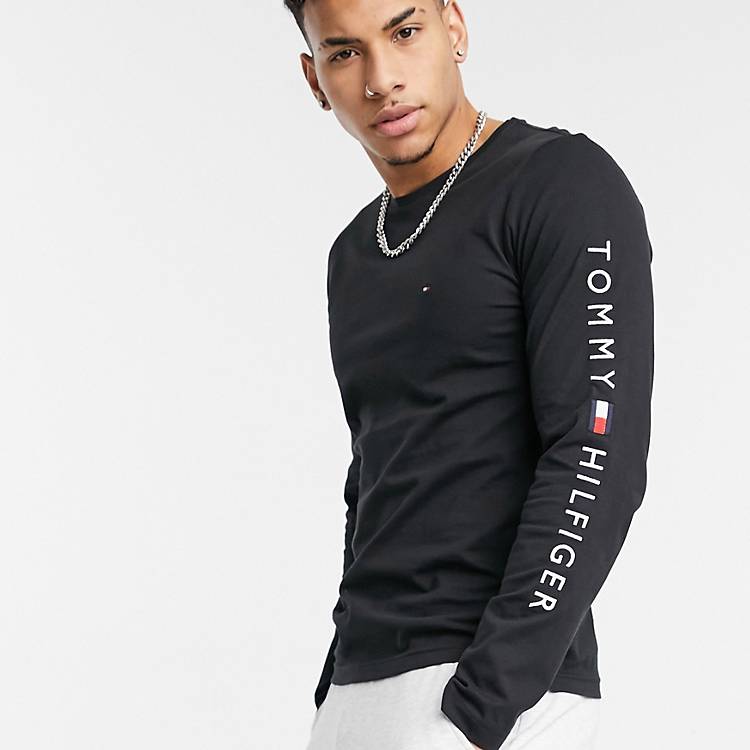 Tommy Hilfiger front & arm logo long sleeve top in black | ASOS