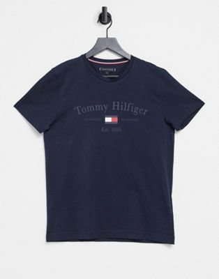 Tommy Hilfiger front central logo print t-shirt in desert sky-Navy