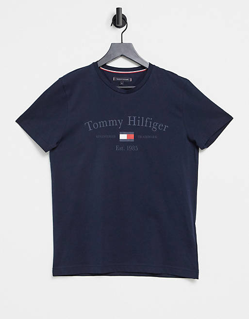 Tommy Hilfiger front central logo print t-shirt in desert sky | ASOS