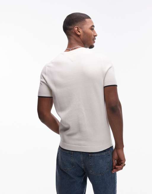 Tommy Hilfiger - Gebreid T-shirt in gebroken wit met gekleurd randje, 4 van 4