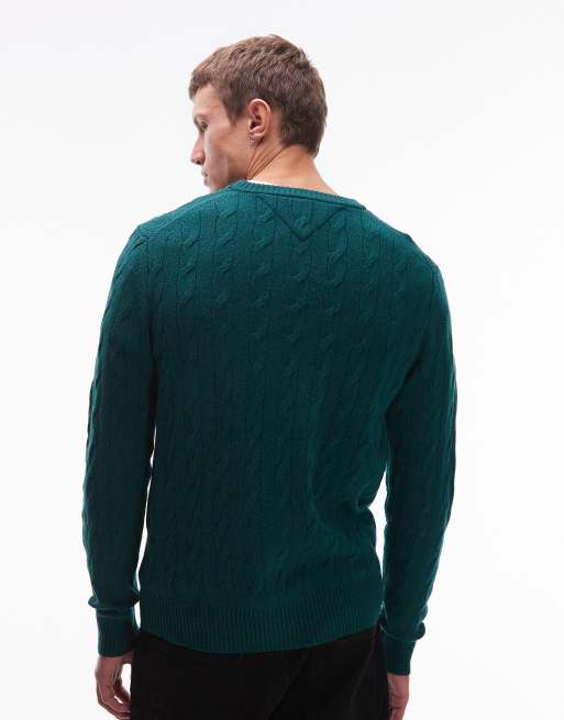 Tommy Hilfiger - Gebreide kabeltrui met lamswol in donkergroen, 3 van 5