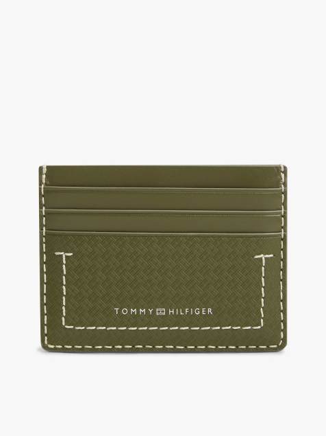 Tommy Hilfiger – Geprägtes Kreditkartenetui aus Leder in Olivgrün mit Flag-Logo - view 1