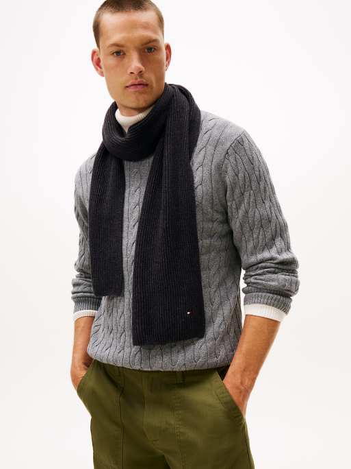 Tommy Hilfiger – Gerippter Schal in Grau mit Hilfiger-Flag-Stickerei