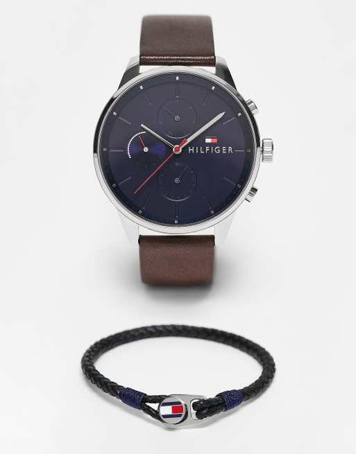 Tommy Hilfiger – Geschenkset mit Herrenuhr aus Leder in Braun und geflochtenem Armband