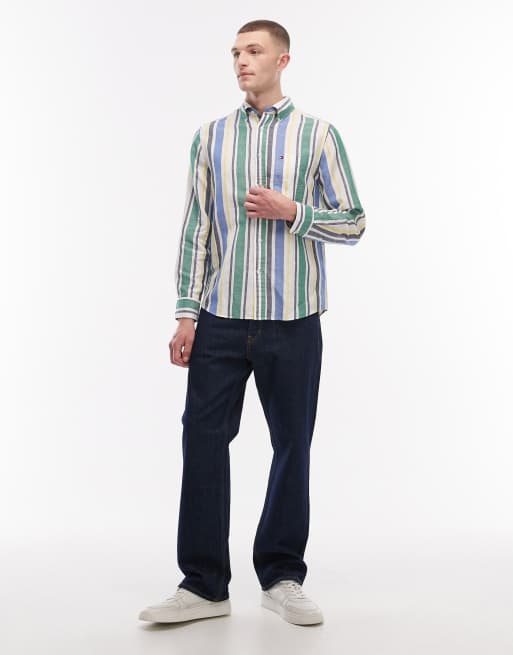Tommy Hilfiger - Gestreept overhemd van linnenmix in groen en blauw, 2 van 5