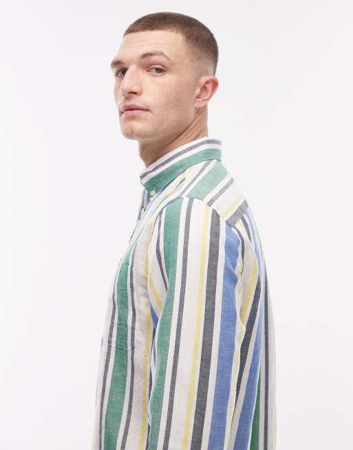 Tommy Hilfiger - Gestreept overhemd van linnenmix in groen en blauw, 4 van 5