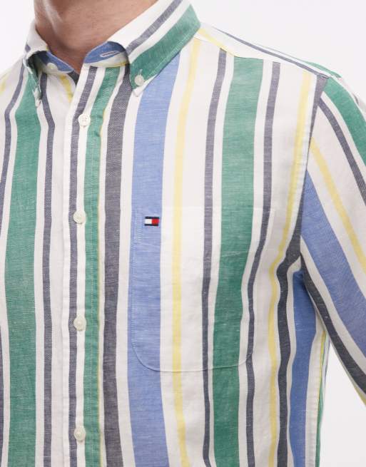 Tommy Hilfiger - Gestreept overhemd van linnenmix in groen en blauw, 5 van 5