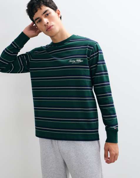 Tommy Hilfiger gestreiftes Langarm-T-Shirt mit Script-Logo in Grün/Multi - view 1