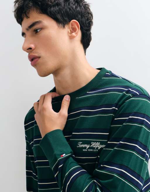Tommy Hilfiger gestreiftes Langarm-T-Shirt mit Script-Logo in Grün/Multi, 3 von 9