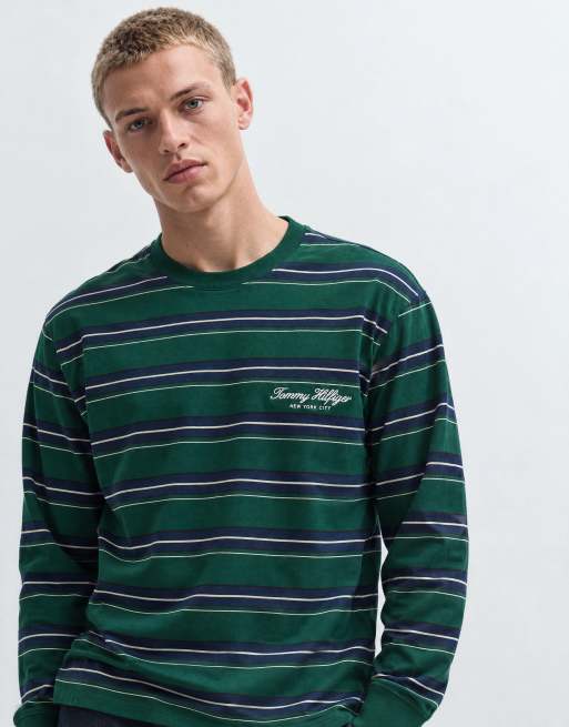 Tommy Hilfiger gestreiftes Langarm-T-Shirt mit Script-Logo in Grün/Multi, 7 von 9