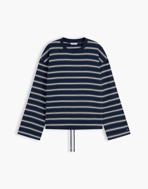 Tommy Hilfiger gestreiftes Langarm-T-Shirt mit Tunnelzug am Saum in Dunkelblau, 5 von 6