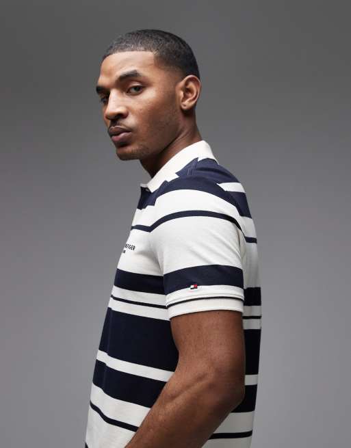 Tommy Hilfiger – Gestreiftes Polohemd aus Pikee in Cremeweiß und Marineblau, 4 von 5