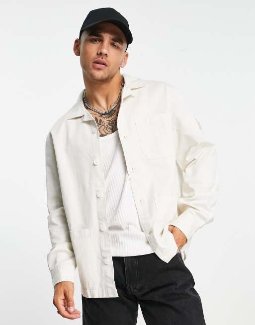 Tommy Hilfiger - Giacca in twill color crema con toppa con logo sul braccio