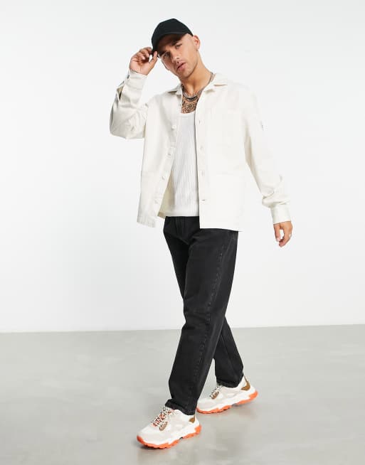 Tommy Hilfiger - Giacca in twill color crema con toppa con logo sul braccio, 3 di 4