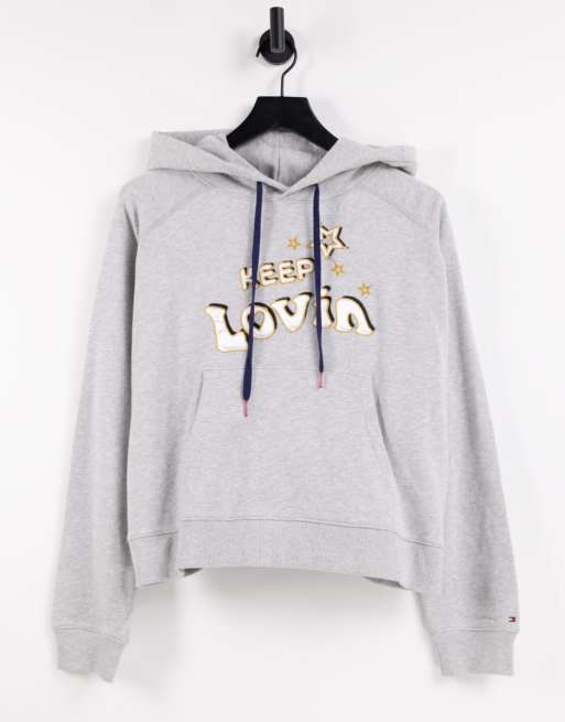 hetzelfde Gevoel van schuld wetenschappelijk Tommy Hilfiger Gigi Hadid slogan hoodie in light grey heather | ASOS